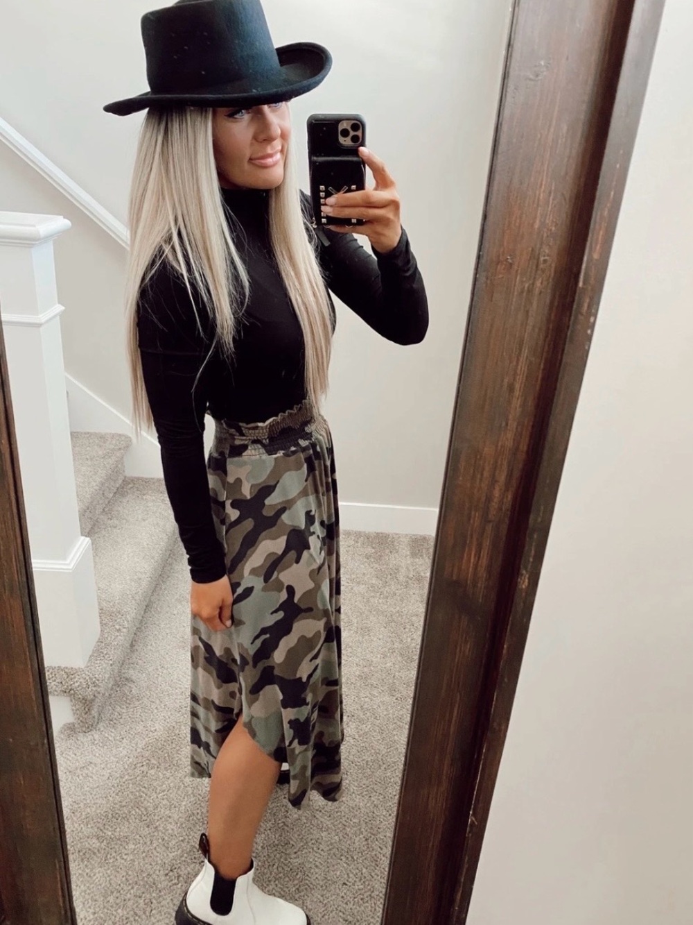 ee:some Camo A-line Midi Skirt Ruched Waistband Hi Lo Side Flowy Green Black SzM